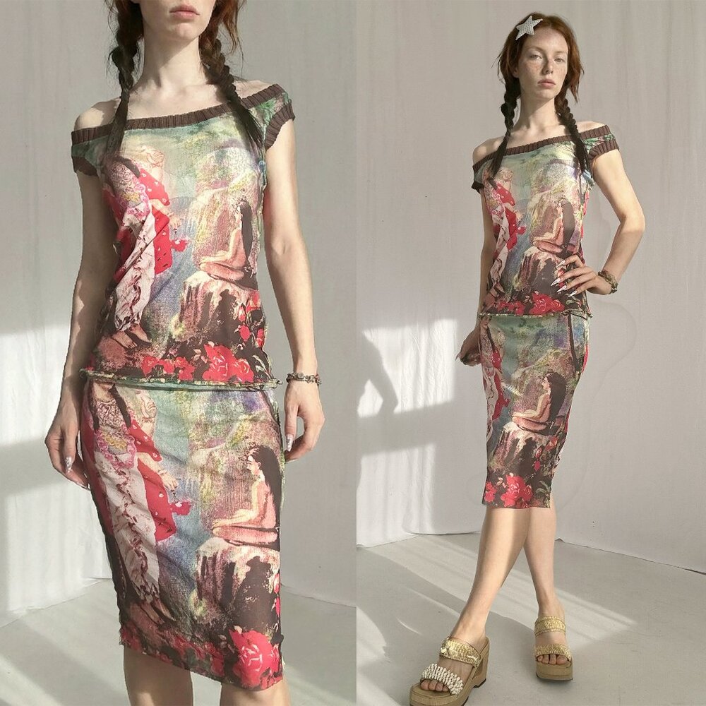jean paul gaultier Indian painting print green dress off shoulder